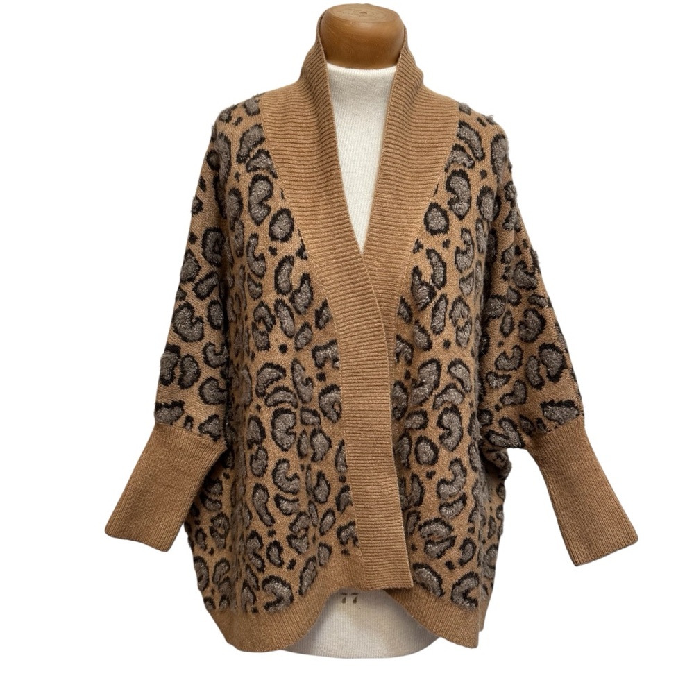 Akemi + Kin Anthropologie Hadley Leopard Print Cardigan One Size Fuzzy Knit